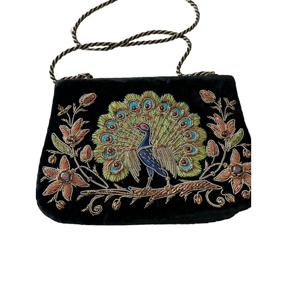 VTG Kane Purse Peacock Small Wire Thread Embroidered Velvet Multicolored 7.5x5.5 - Picture 2 of 5